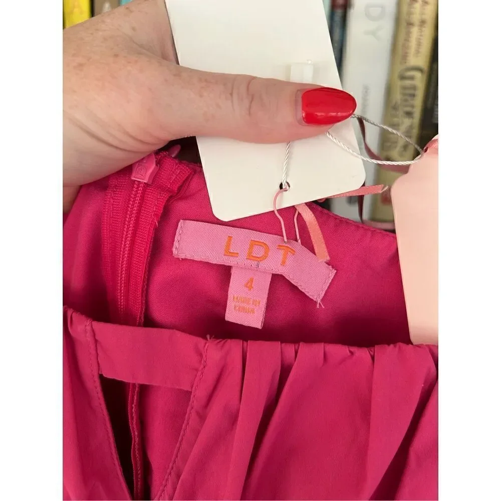 NWT LDT SAMPLE Pink Tiered Ruched Tie Front Keyhole Mini Dress Size 4